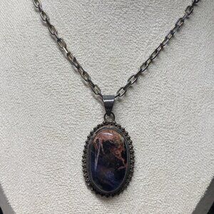 Italian 925 Silver Jasper Pendant Necklace 18” 1970s